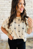 Black or Beige Bow Print Puff Short Sleeve Top