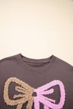 Contrast Terry Bow Pattern Drop Shoulder Sweatshirt (S-XL): Purple / Missy