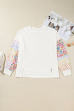 White Plus Size Exposed Seam Detail Contrast Dot Floral Patchwork Sleeve Sweatshirt