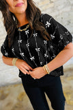 Black or Beige Bow Print Puff Short Sleeve Top