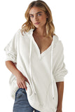 White Oversize Waffle Drop Shoulder Exposed Seam V Neck Hoodie
