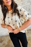 Black or Beige Bow Print Puff Short Sleeve Top