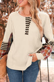 Beige Waffle Stripe Plaid Patchwork Henley Top
