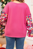 Fall Floral Patchwork Ruffled Sleeve Ribbed Knit Top (S-4X): Pink