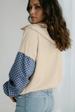 Parchment Checkered Patchwork Kangaroo Pocket Half Zipper Hoodie