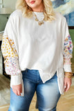 White Plus Size Exposed Seam Detail Contrast Dot Floral Patchwork Sleeve Sweatshirt