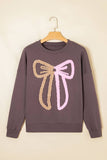 Contrast Terry Bow Pattern Drop Shoulder Sweatshirt (S-XL): Purple / Missy