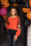 So Confident Orange Plaid & Glitter Sleeve Top: Orange / X-Small