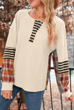 Beige Waffle Stripe Plaid Patchwork Henley Top