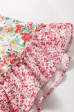 Plus Size Floral Patchwork Ruffled Short Sleeve Blouse: Pink