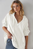White Oversize Waffle Drop Shoulder Exposed Seam V Neck Hoodie