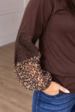 Brown Top with Leopard Puff Sleeve: Brown / Small