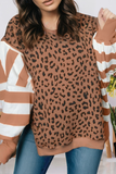 Leopard Striped Patchwork Plus Size Loose Sweatshirt (S-4X): Brown