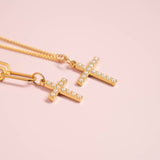 18K Gold PVD Stainless Steel Pearl Beaded Cross Charm: Stainless / 15mm