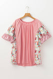 Plus Size Floral Patchwork Ruffled Short Sleeve Blouse: Pink