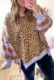 Leopard Striped Patchwork Plus Size Loose Sweatshirt (S-4X): Brown