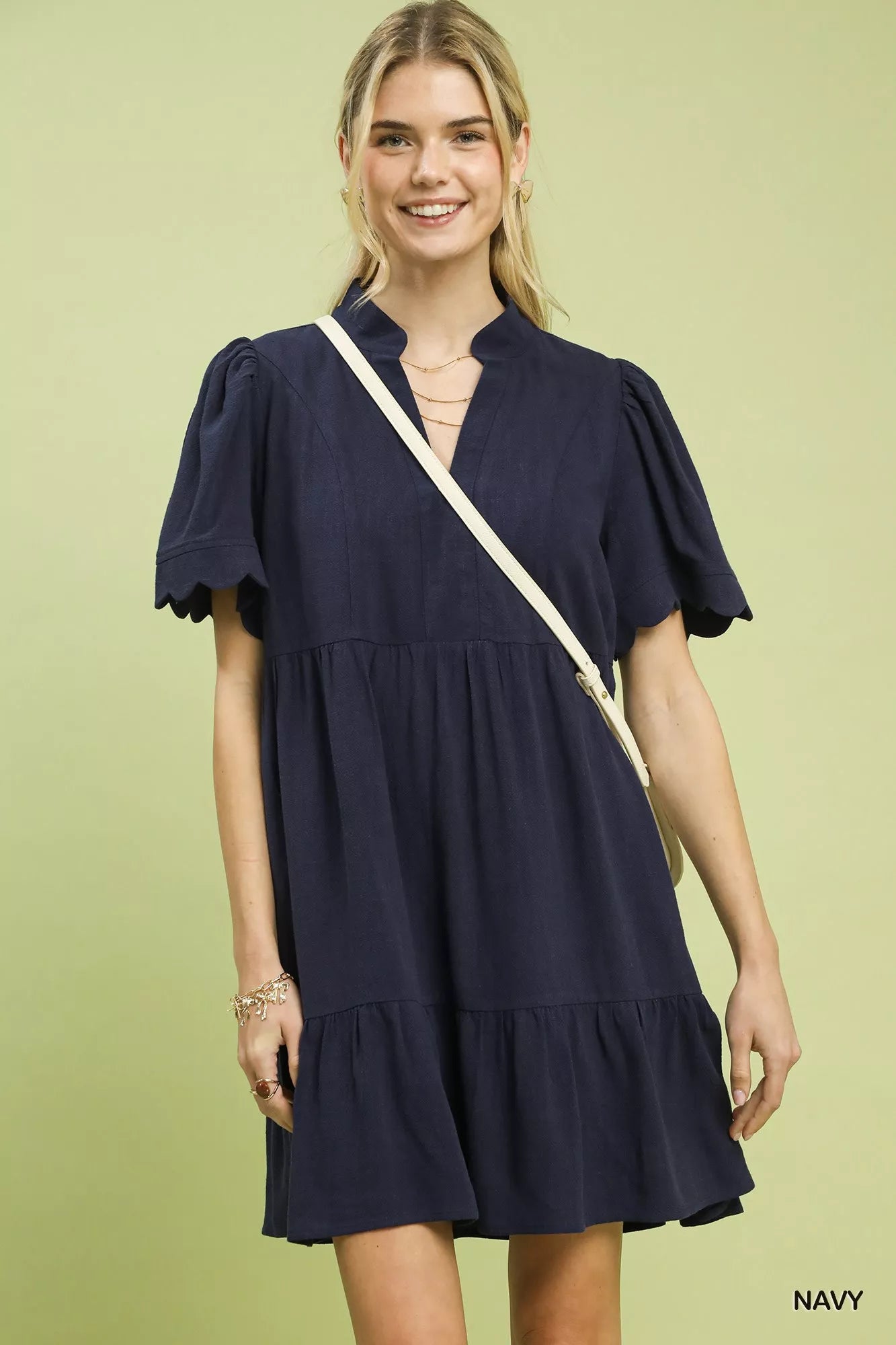 Umgee Linen Tiered Babydoll Dress with Scalloped Sleeves – Sugar and Spice Southern Charms