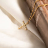 18K Gold PVD Stainless Steel Pearl Beaded Cross Charm: Stainless / 15mm
