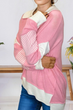Striped V Neck Collared Colorblock Patchwork Sweater (S-XL): Pink / Missy