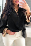 Black Leopard Contrast V Neck Long Sleeve Blouse