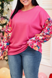 Fall Floral Patchwork Ruffled Sleeve Ribbed Knit Top (S-4X): Pink