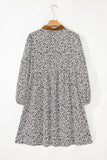 Khaki Plus Size Button V Neck Leopard Print Puff Sleeve Loose Mini Dress