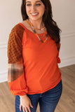 So Confident Orange Plaid & Glitter Sleeve Top: Orange / X-Small