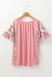 Plus Size Floral Patchwork Ruffled Short Sleeve Blouse: Pink