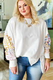 White Plus Size Exposed Seam Detail Contrast Dot Floral Patchwork Sleeve Sweatshirt
