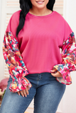 Fall Floral Patchwork Ruffled Sleeve Ribbed Knit Top (S-4X): Pink