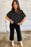 Black or Beige Bow Print Puff Short Sleeve Top