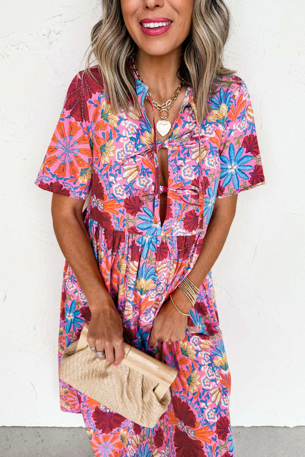 Rose Floral Print Tie Front Midi Dress