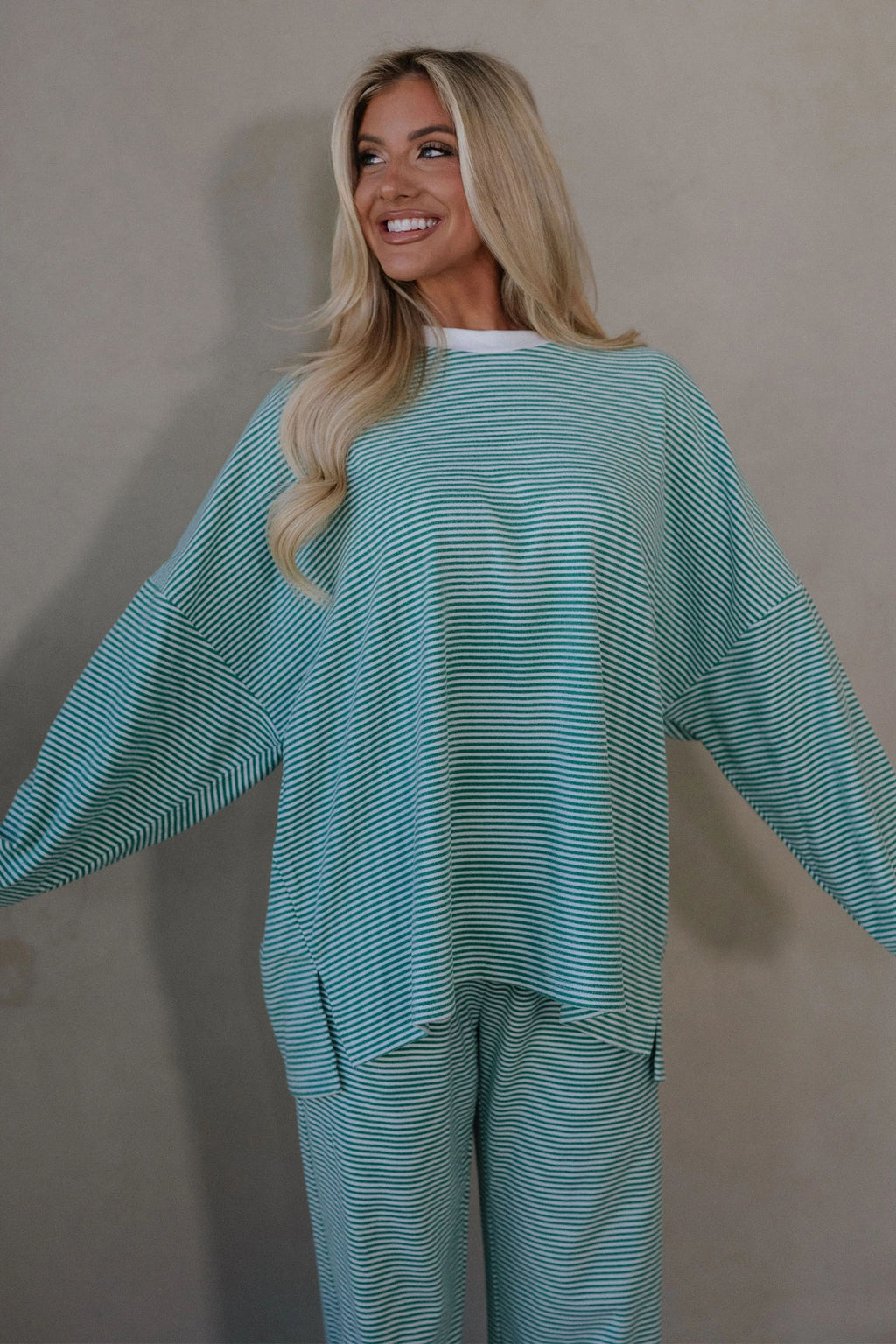 Pink Striped Drop Shoulder Long Sleeve Top and Pant Set