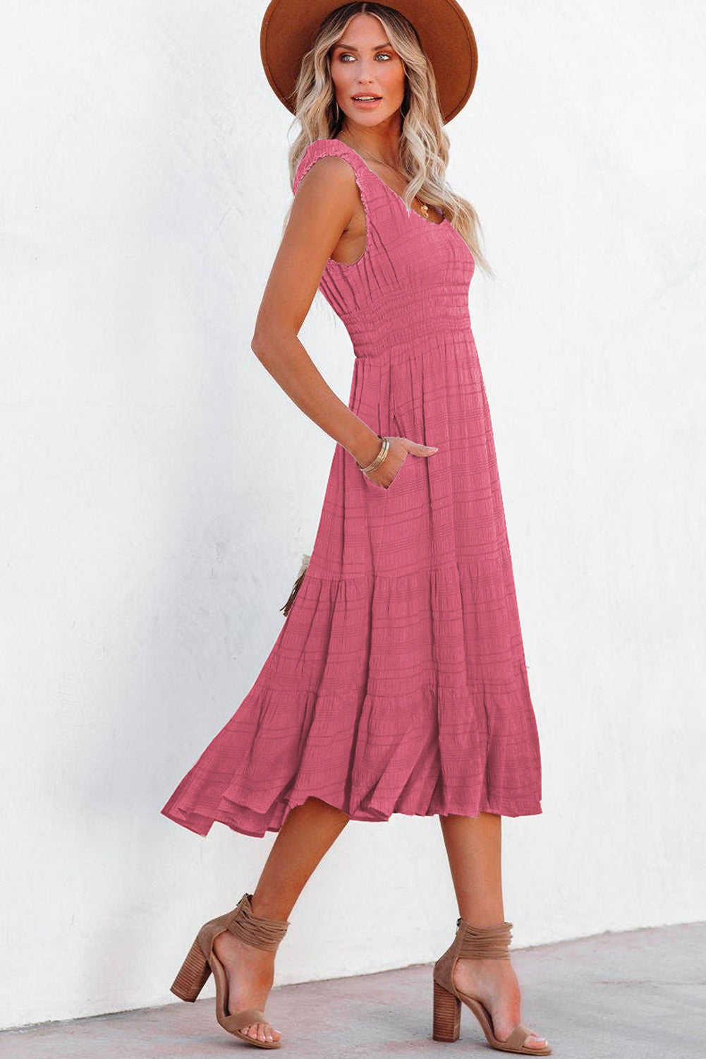 Rose Shirred Pleated Midi Dress
