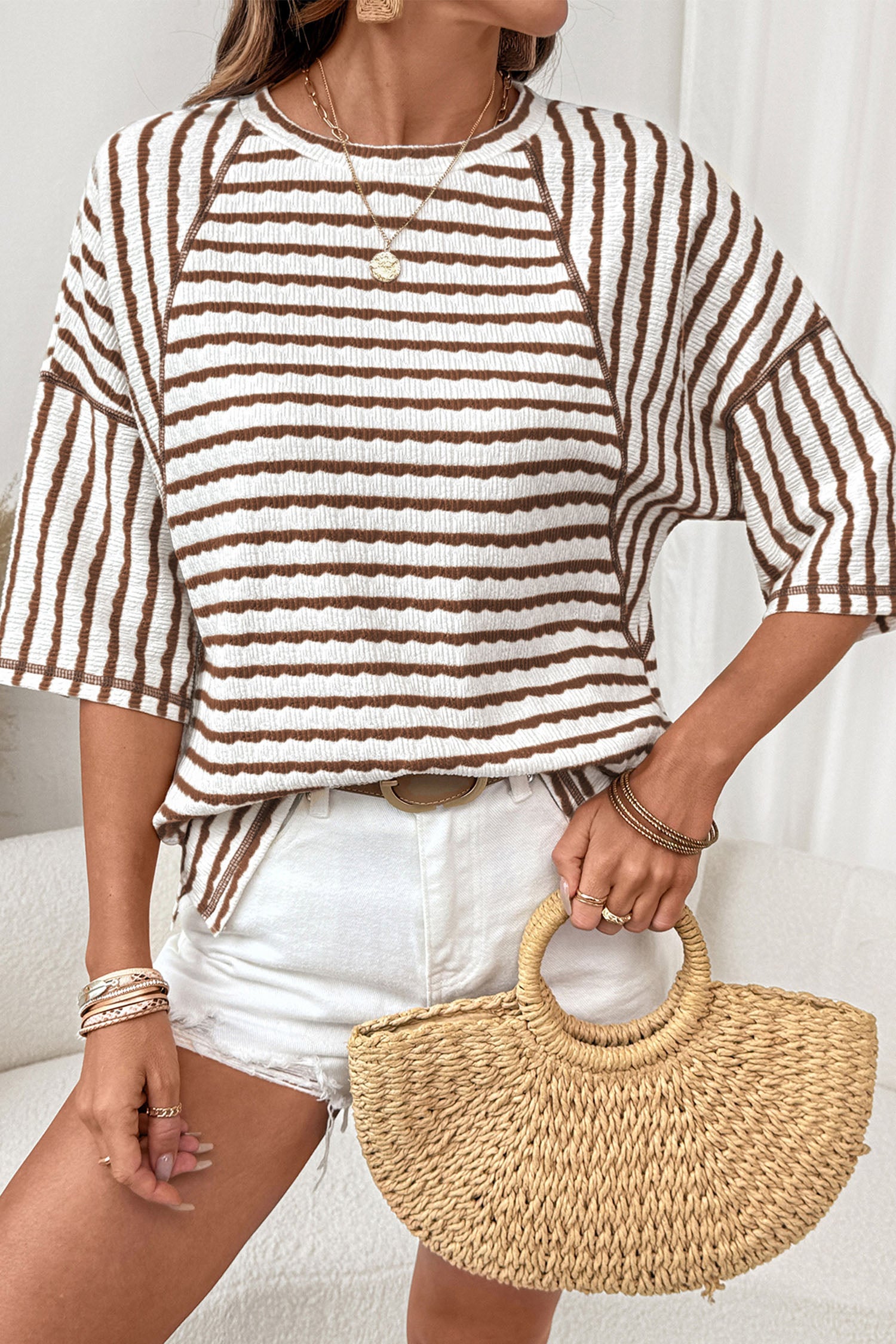 Brown Stripe Textured Knit Top