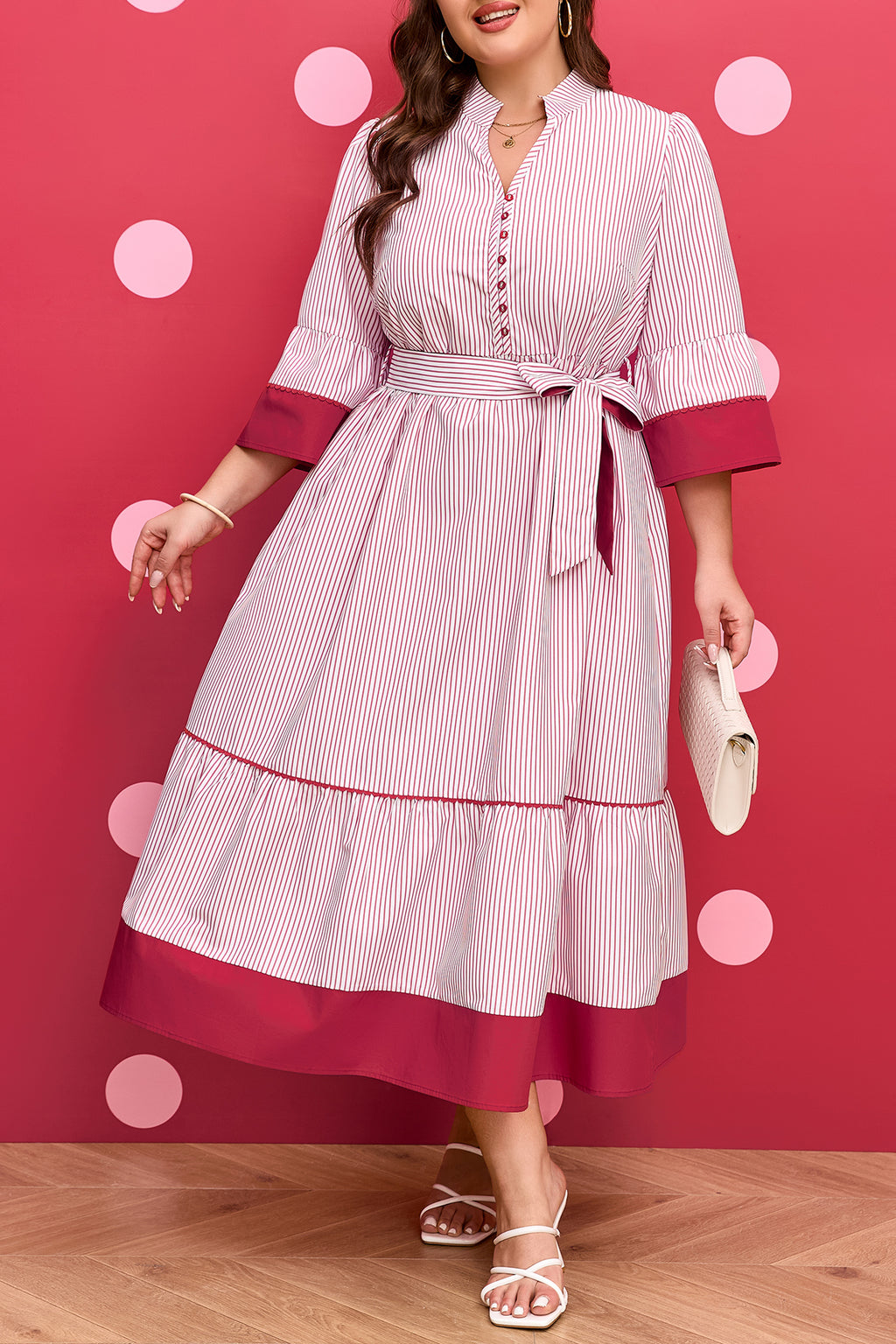 Red Stripe Ruffled Pinstriped Midi Dress