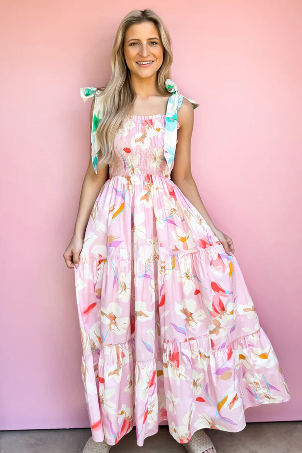 Pink Floral Knotted Shoulder Smocked Maxi Dress
