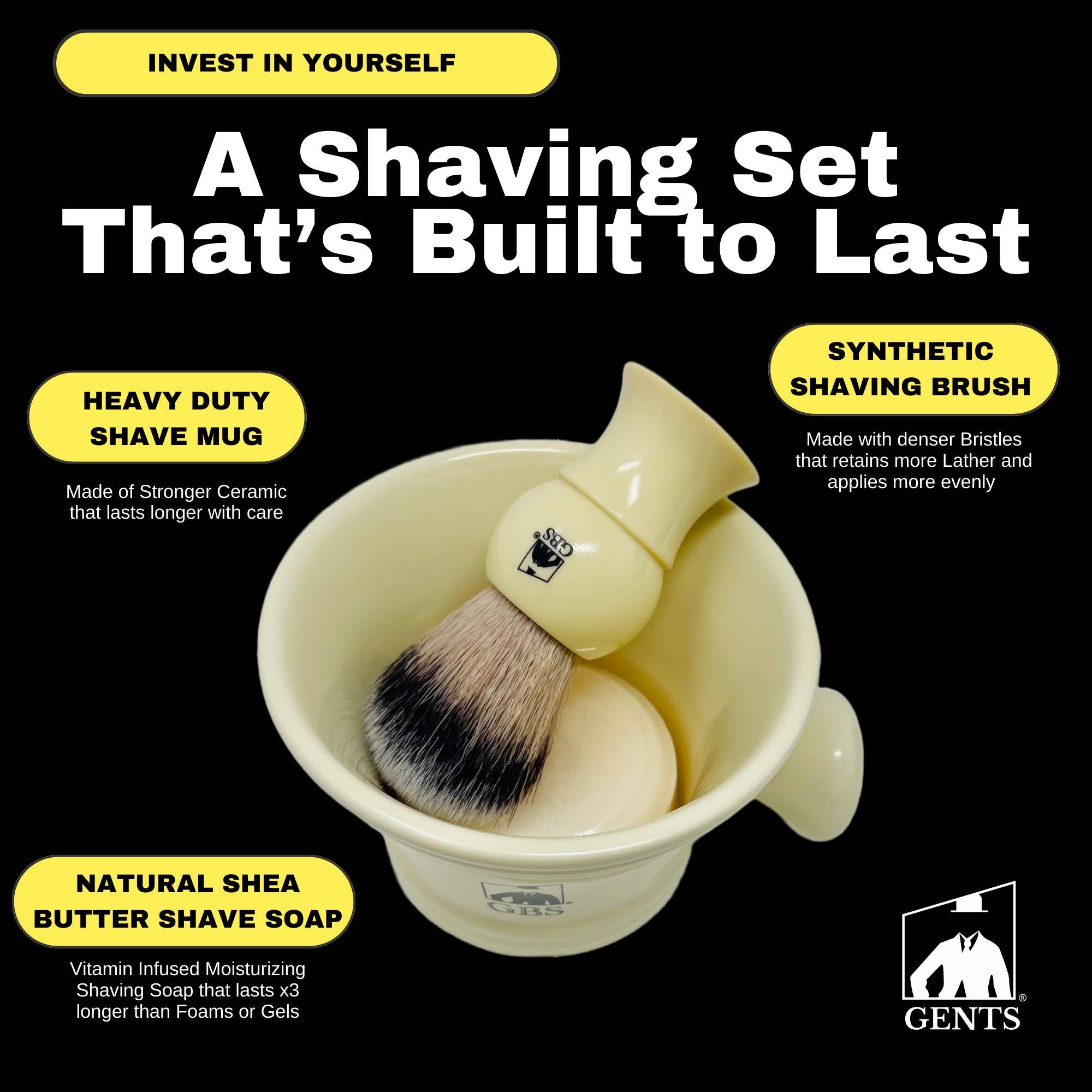 GBS 3 Piece  Mug, brush and Shaving soap Set: Ivory