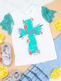 Girls Turquoise Faith Cross on White Short Lace Sleeve: White / 2-3yrs
