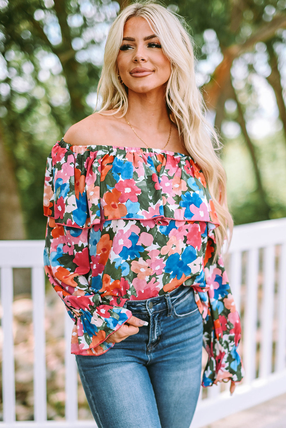 Bohemian Floral Ruffle Off Shoulder Blouse