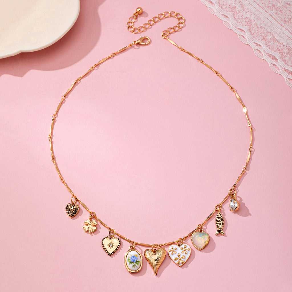 CHARM NECKLACE-HEARTS PORCELAIN FISH RHINESTONE | 80N92690: GOLD