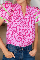 Contrast Layered Ruffle Sleeve Floral Blouse (S-XL): Pink / Missy / S