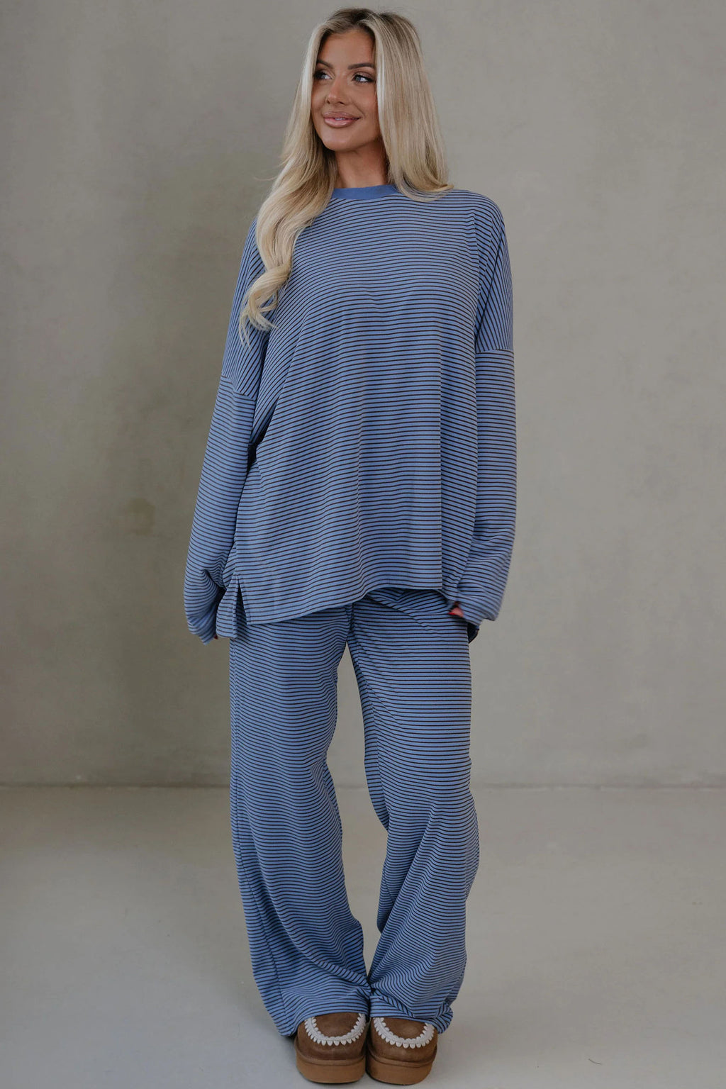 Pink Striped Drop Shoulder Long Sleeve Top and Pant Set