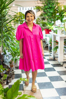 Hot Pink Puff Sleeve Button-Up Dress: Pink / 3XL