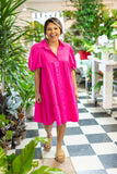 Hot Pink Puff Sleeve Button-Up Dress: Pink / L