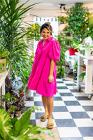 Hot Pink Puff Sleeve Button-Up Dress: Pink / 3XL