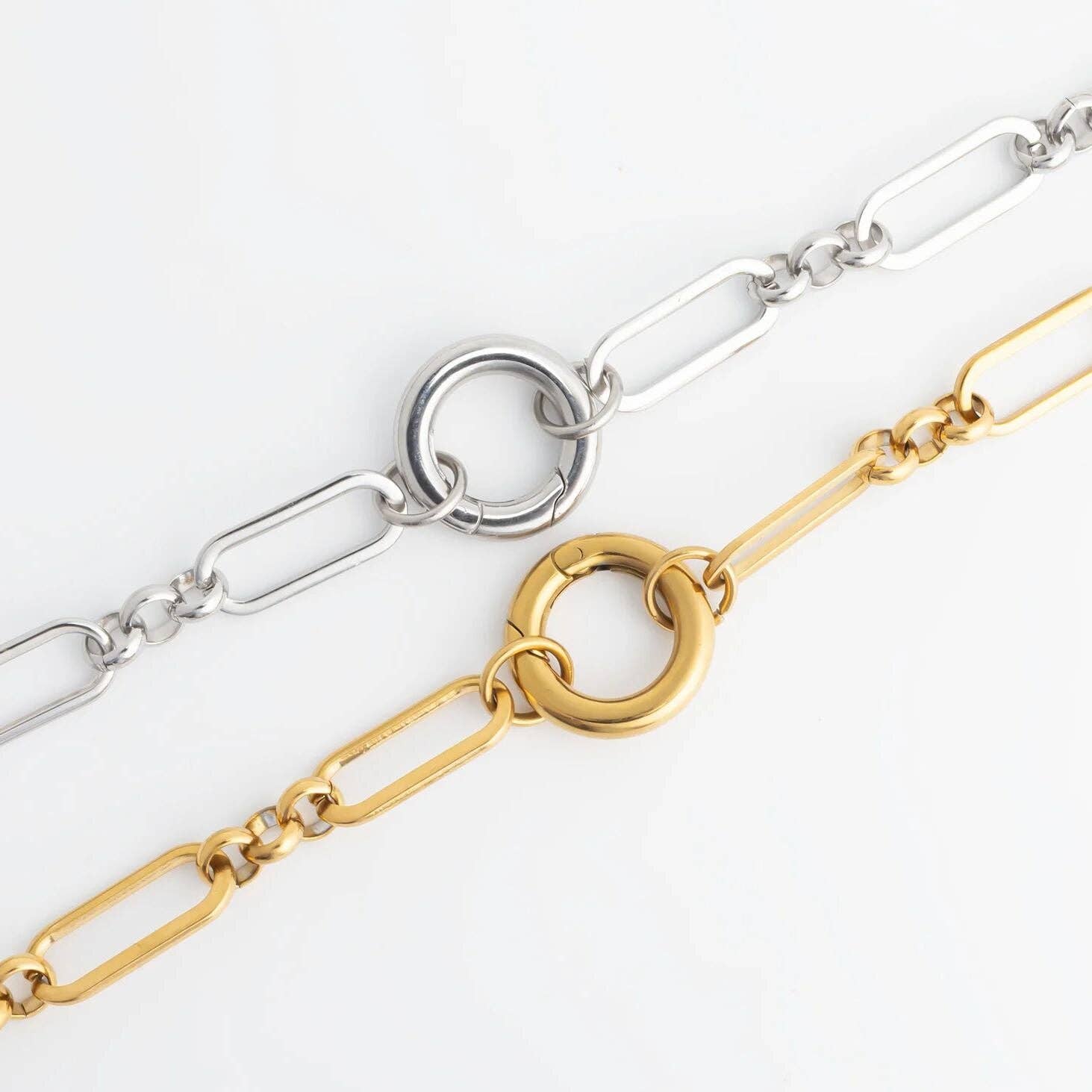 18K Gold PVD Stainless Steel Long Paperclip Charm Necklace: Gold