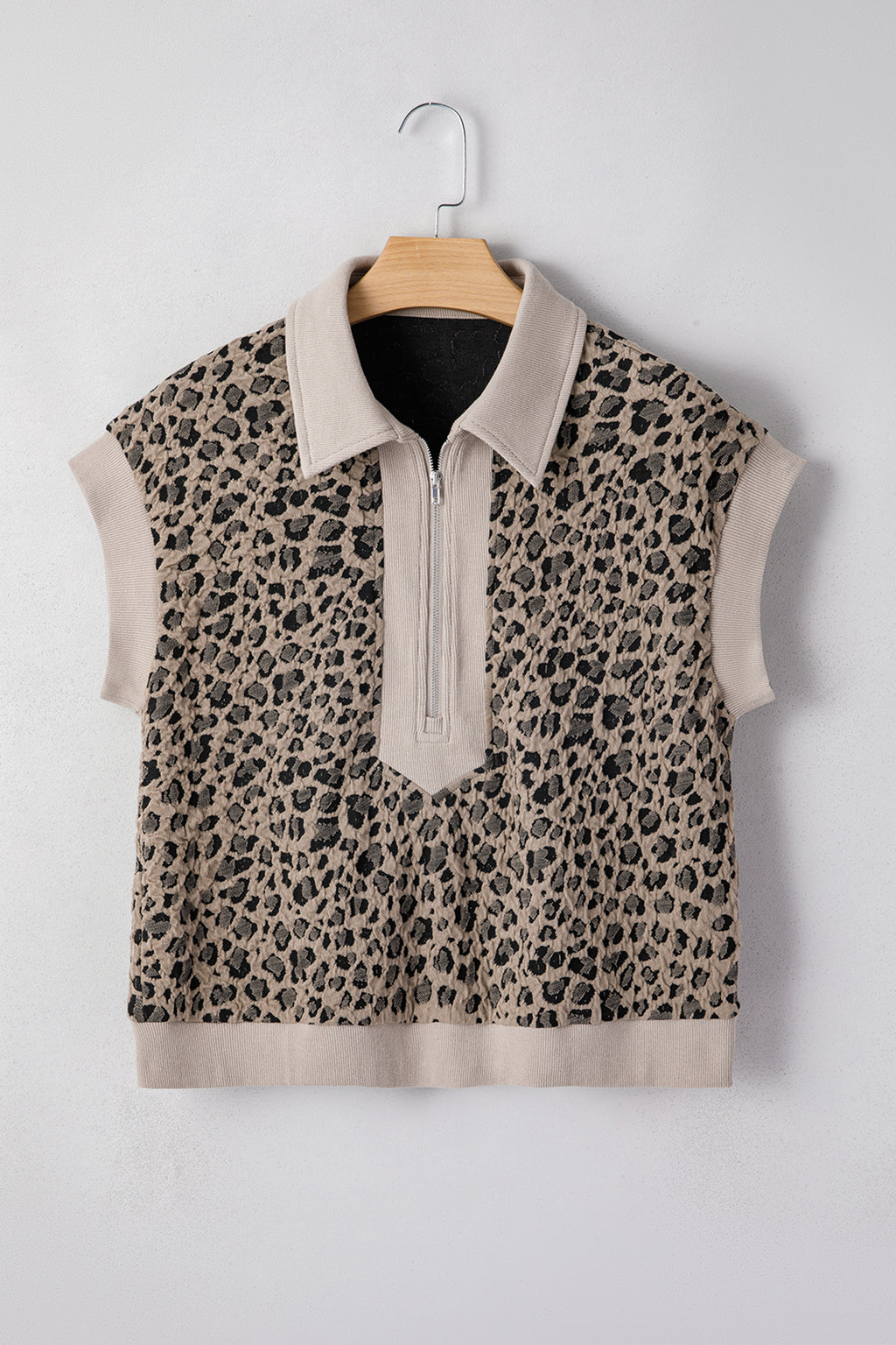 Beige Zip up Collared Leopard Sleeve Top