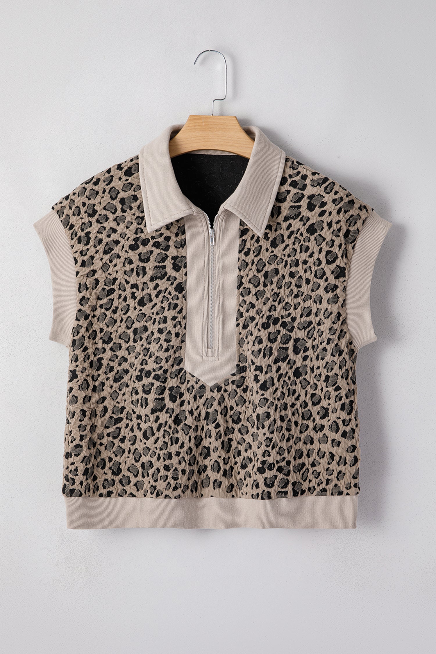 Beige Zip up Collared Leopard Sleeve Top