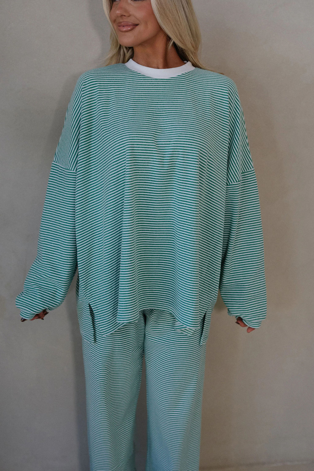 Pink Striped Drop Shoulder Long Sleeve Top and Pant Set